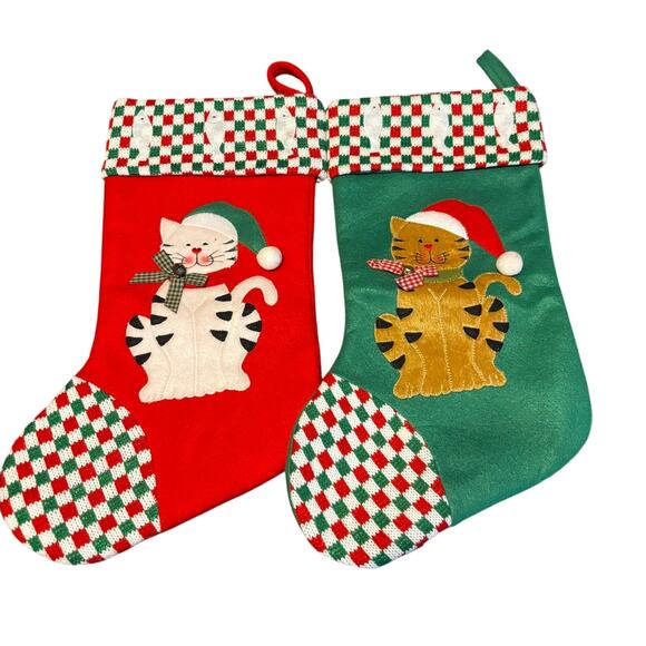 Cat Fleece Knit Christmas Stockings Set of 2 Checkerboard Fish - Picture 1 of 4